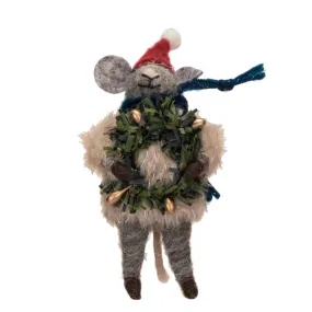 Gray Wool Felt Christmas Mouse With Faux Fur Sweater