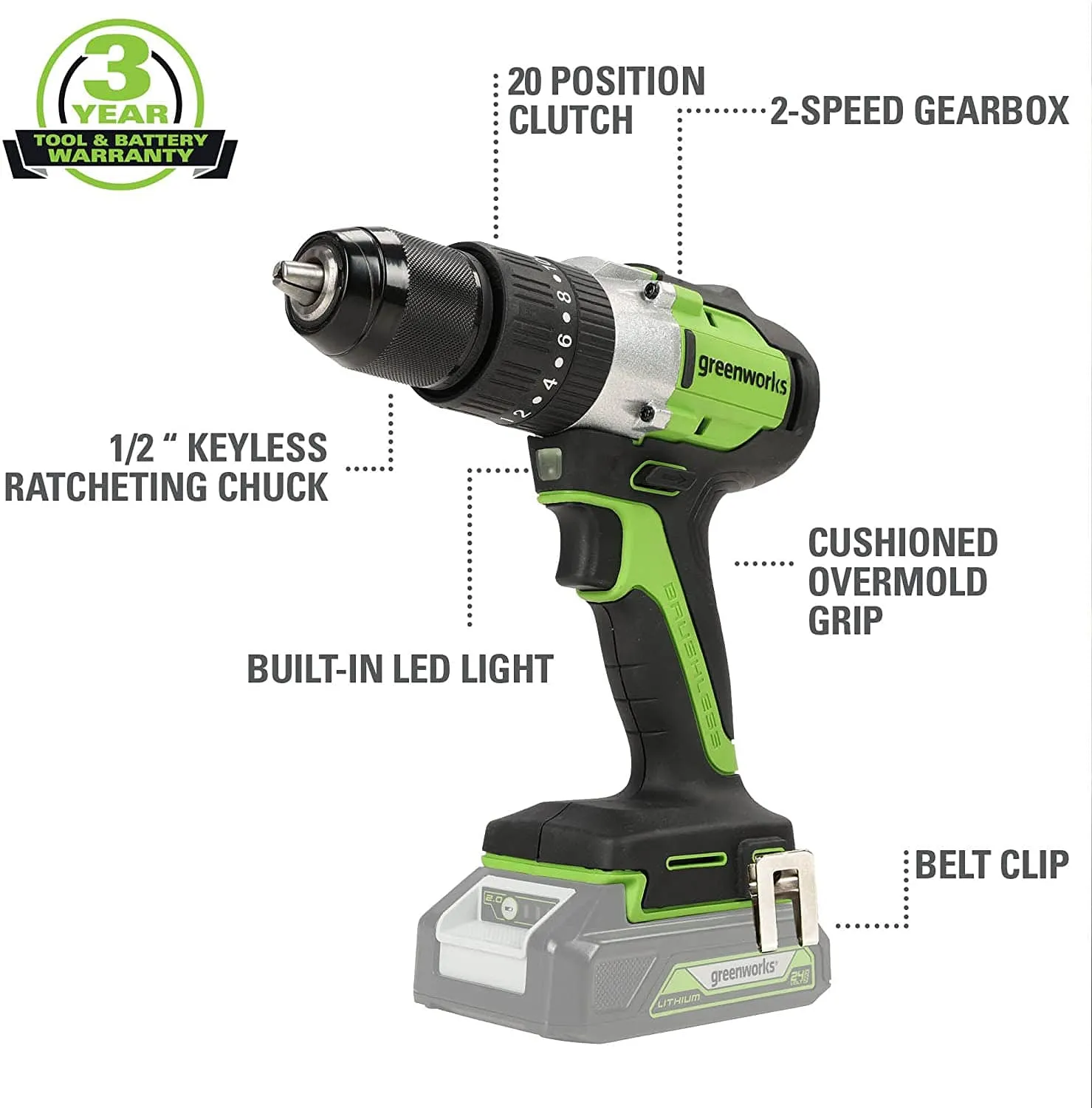 Greenworks 24V 4.0Ah BL Hammer Drill with Battery