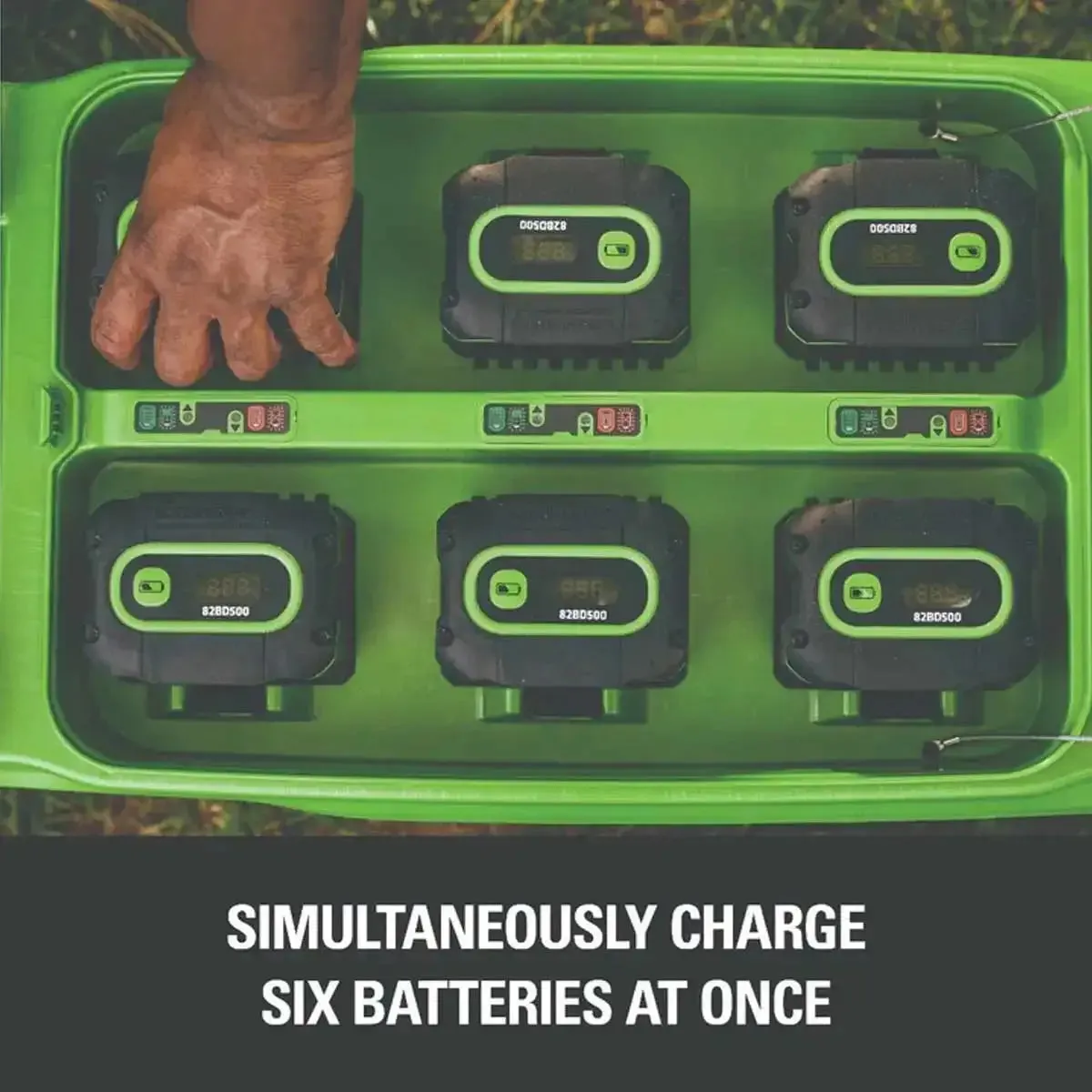 Greenworks 82V Six Port Charger with Six 4Ah Batteries