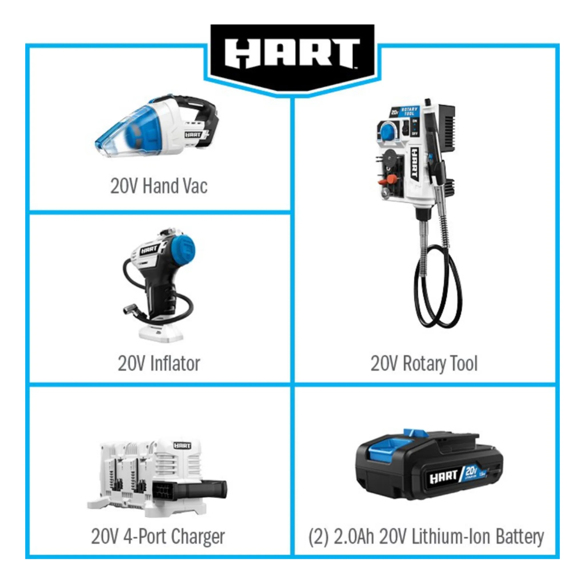 HART 20-Volt 4-Tool Lifestyle Kit (2) 20-Volt 2.0Ah Lithium-Ion Batteries