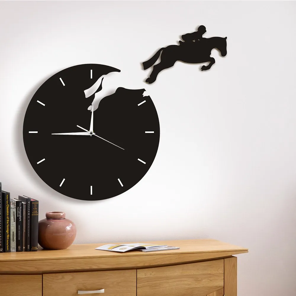 Horseriding Wall Art Horseman Jumping From The Clock Rider on Horseback Jumping Horse Wall Clock Hanging Watch Equestrienne Gift