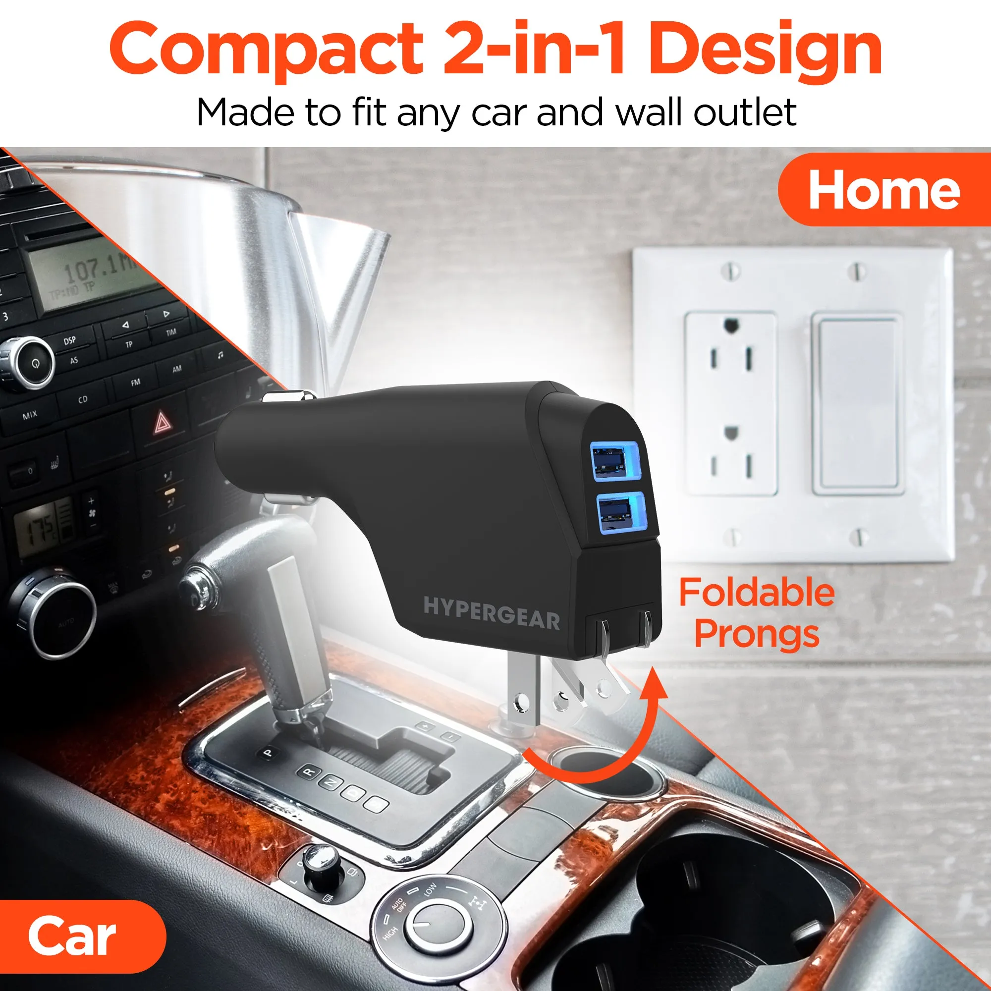 Hybrid 10W Dual USB Car   Wall Charger | Black