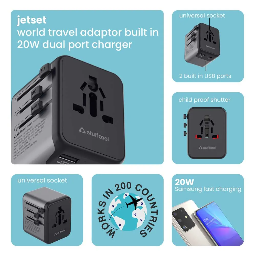 Jetset Universal World Travel Adapter with PD20W Type C port