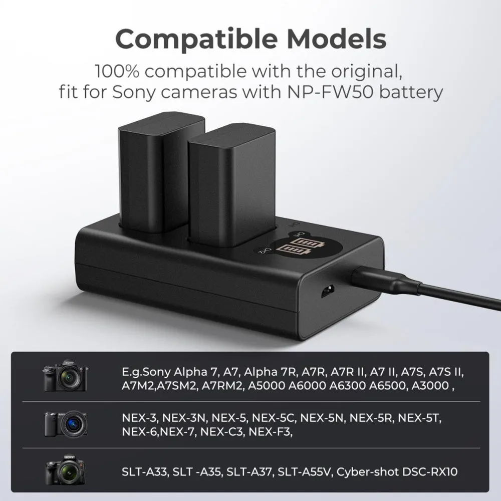 K&F Concept NP-FW50 Dual Battery Charger with LCD Screen Display and USB Type-C Charging Cable for Selected SONY Digital Camera A7 A7II, A7RII, A7SII, A7S, A7S2, A7R, A7R2, A6000, A6500, A6300, A6400, etc. | KF28-0009V1