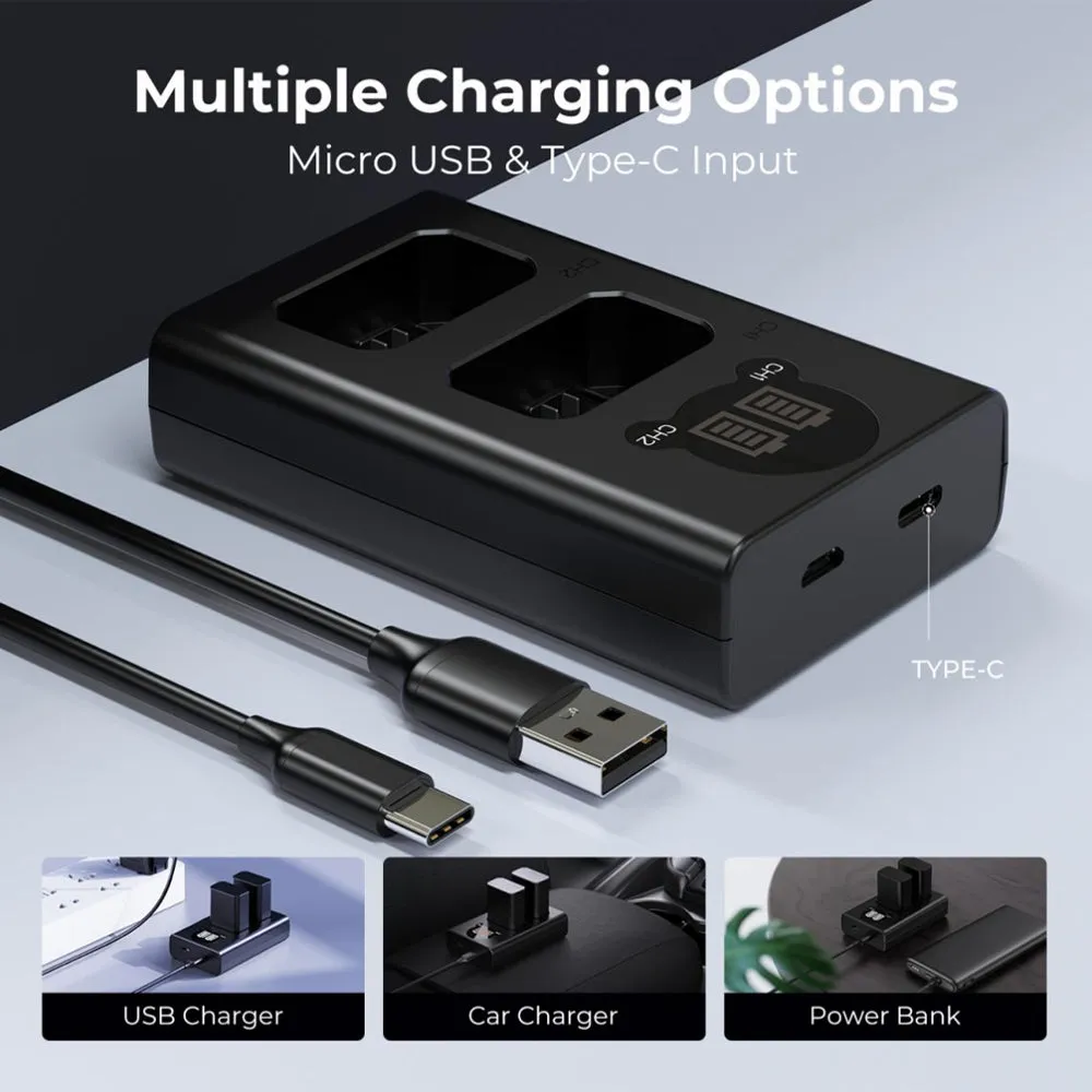 K&F Concept NP-FW50 Dual Battery Charger with LCD Screen Display and USB Type-C Charging Cable for Selected SONY Digital Camera A7 A7II, A7RII, A7SII, A7S, A7S2, A7R, A7R2, A6000, A6500, A6300, A6400, etc. | KF28-0009V1