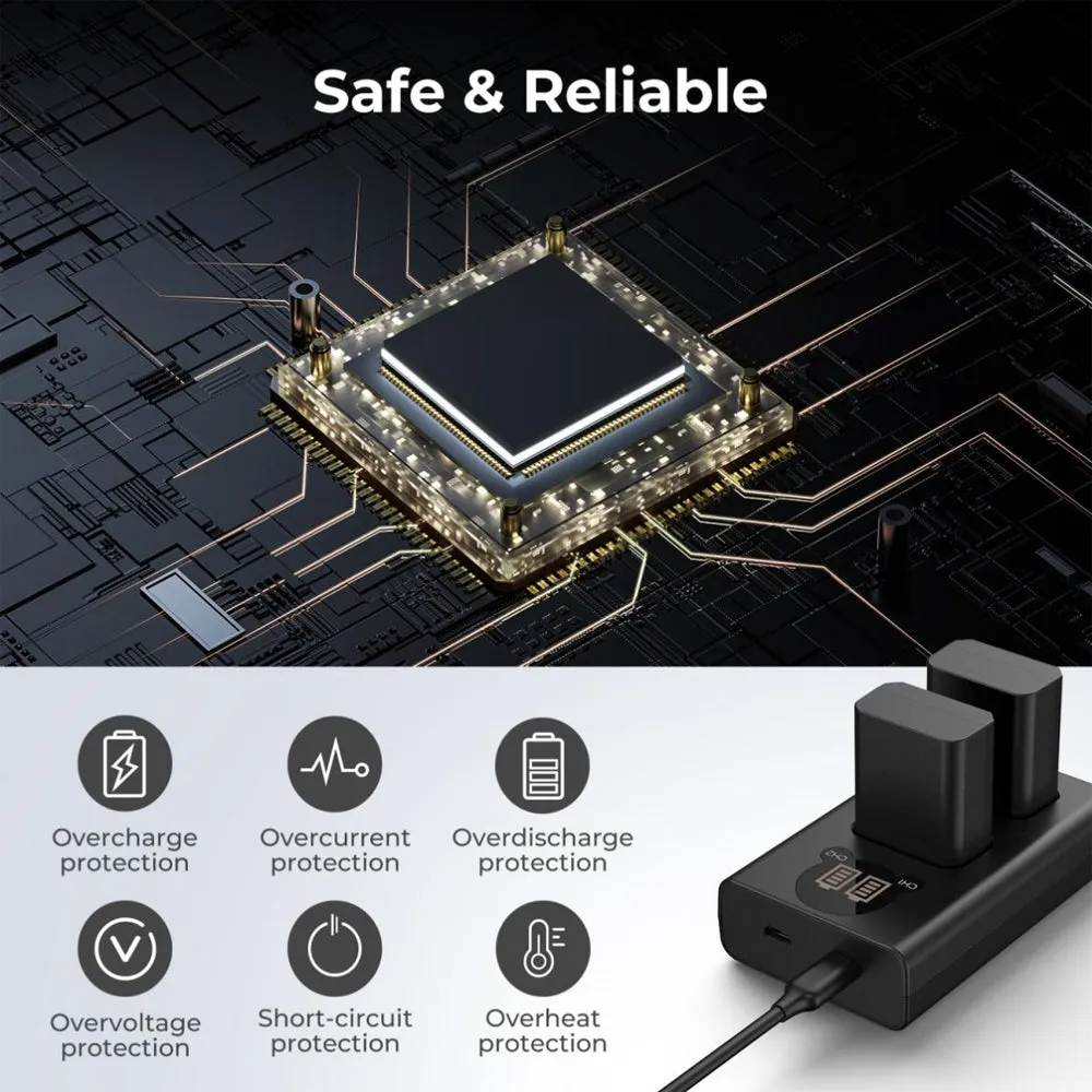 K&F Concept NP-FW50 Dual Battery Charger with LCD Screen Display and USB Type-C Charging Cable for Selected SONY Digital Camera A7 A7II, A7RII, A7SII, A7S, A7S2, A7R, A7R2, A6000, A6500, A6300, A6400, etc. | KF28-0009V1