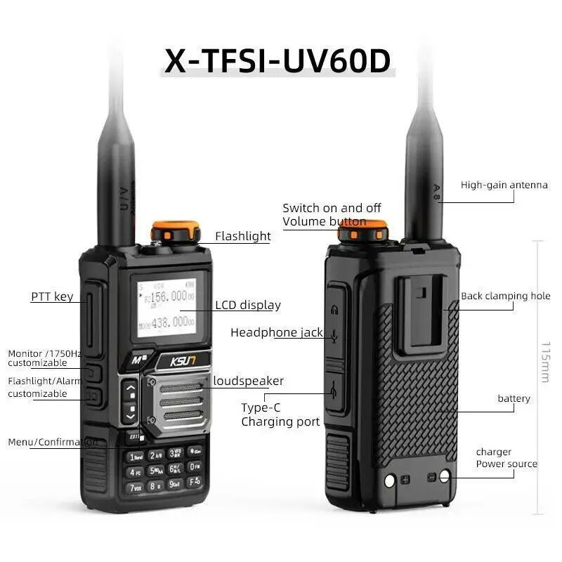 KSUT UV60D Airband Receiver Radio 5 Watt Walkie Talkie Professional Long Range Portable Rechargeable Full Band Ham Radio NOAA