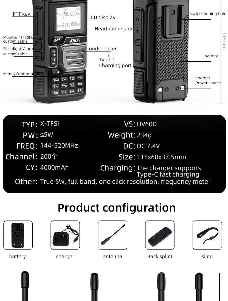 KSUT UV60D Airband Receiver Radio 5 Watt Walkie Talkie Professional Long Range Portable Rechargeable Full Band Ham Radio NOAA