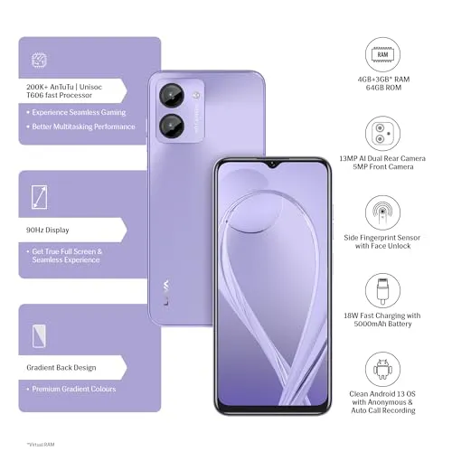 Lava O1 (Lively Lavender, 4GB RAM, 64GB Storage) | 18W Fast Charging | Octa Core Unisoc T606 | 13 MP AI Dual Camera | 5000 mAh Battery | Upto 7GB Expandable RAM | Fingerprint Sensor