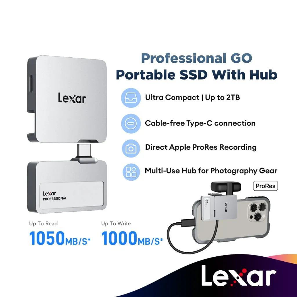 Lexar Professional Go Portable SSD with Hub Ultra Compact | Up to 2TB Capacity | Direct Apple ProRes Recording | Multi-Use Hub for Photography Gear | IP65 | 256-bit AES Encryption