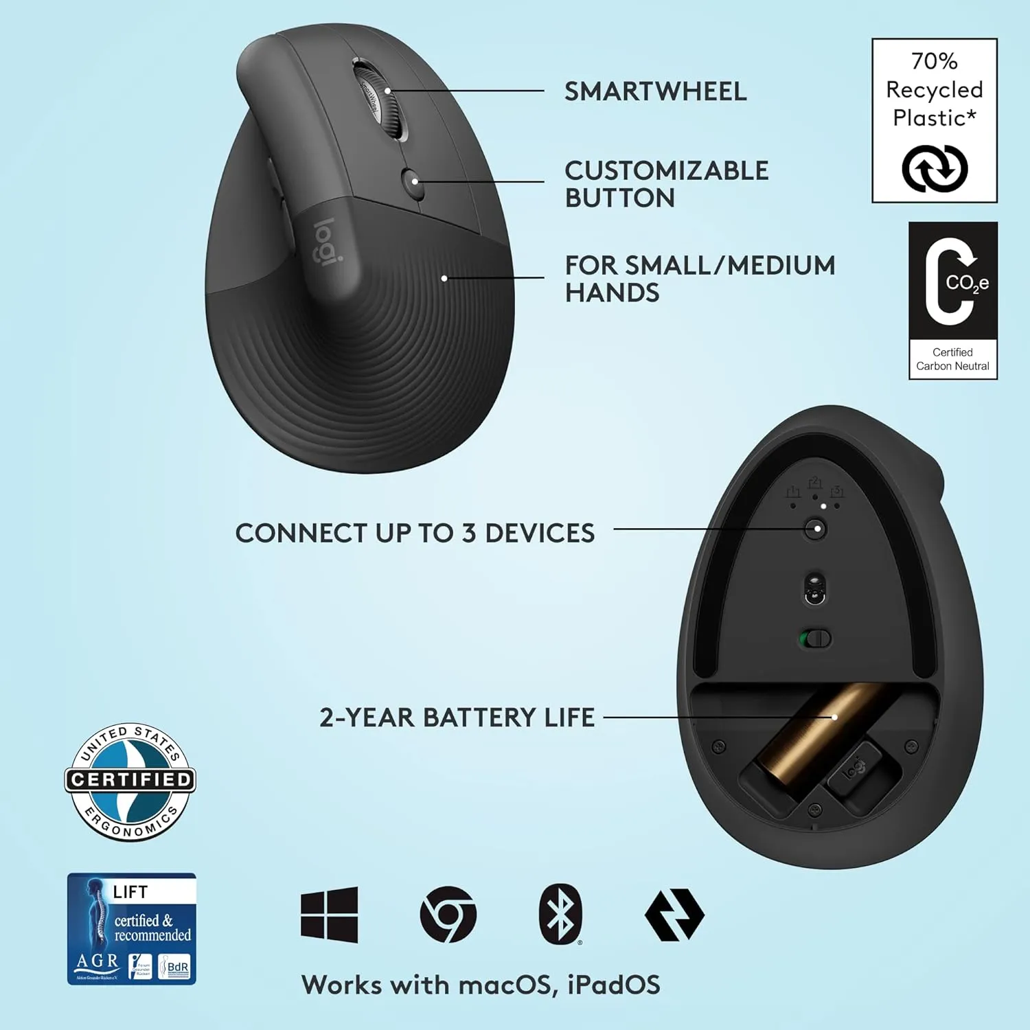 Logitech LIFT Vertical Ergonomic Wireless Mouse