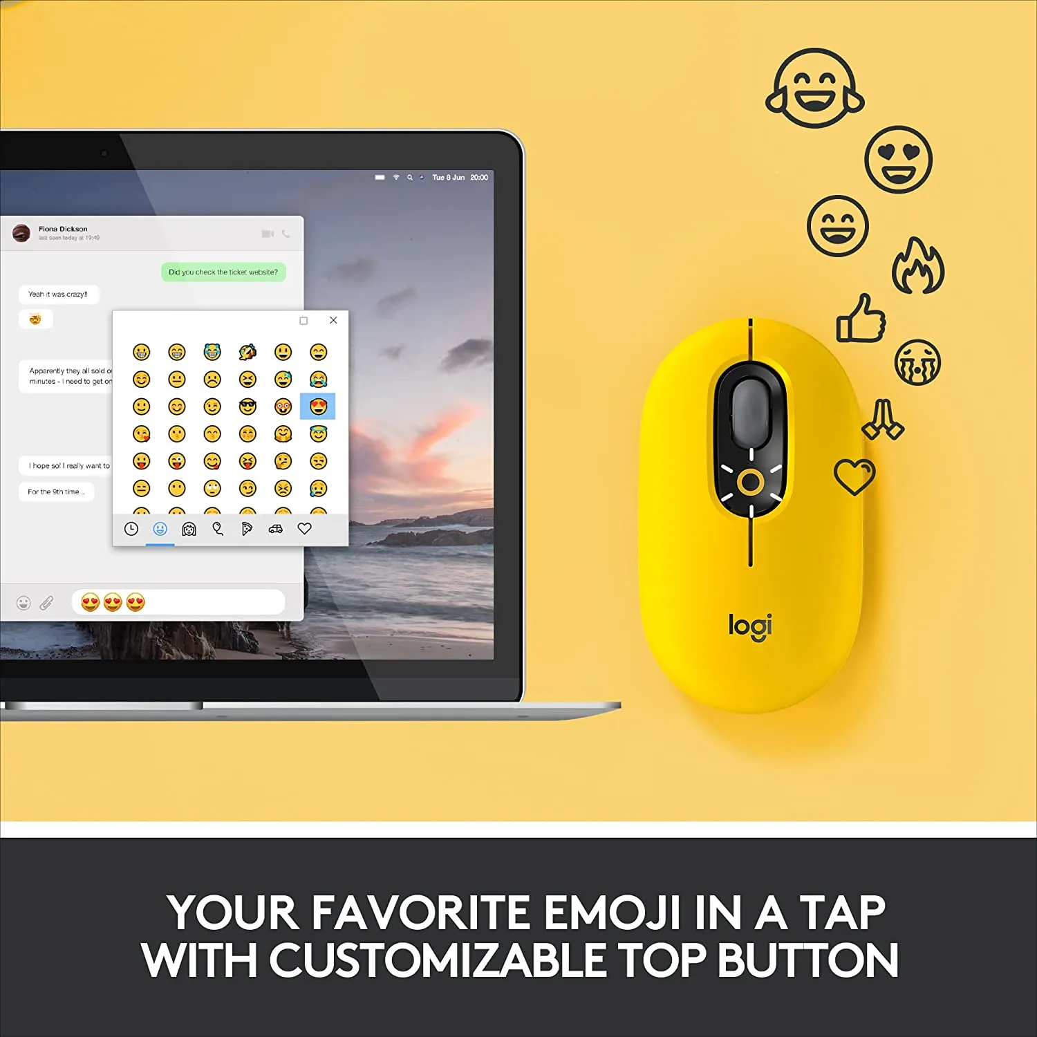 Logitech Mouse POP, Wireless Mouse with Customizable Emojis, SilentTouch Technology, Precision/Speed Scroll, Compact Design, Bluetooth, Multi-Device, OS Compatible - Blast Yellow