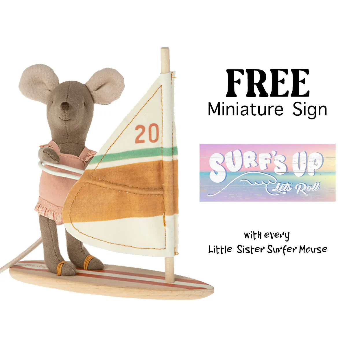 Maileg Beach Mice, Surfer Little Sister   Wooden Sign