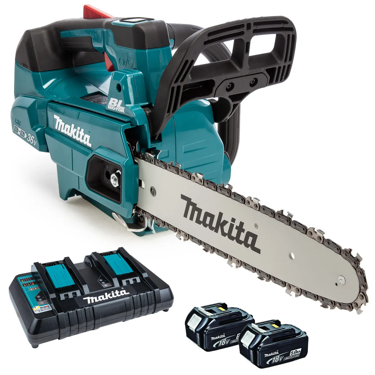 Makita DUC306PT2 36V LXT Brushless Top Handle Chainsaw With 2 x 5.0Ah Batteries & Charger