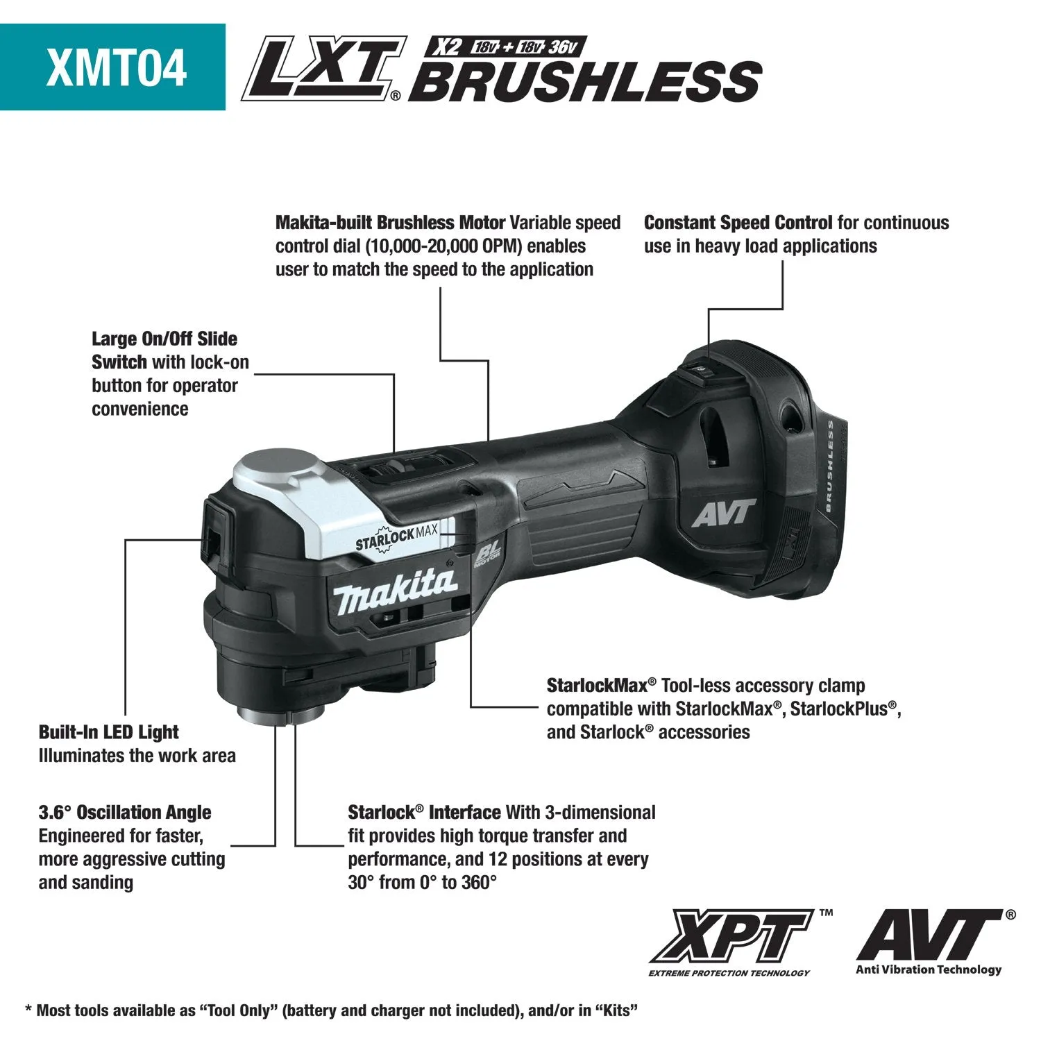 Makita (XMT04ZB) 18V LXT® Sub‑Compact Brushless StarlockMax® Oscillating Multi‑Tool (Tool Only)