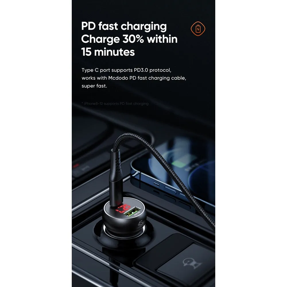 Mcdodo CC-703 | 45W PD Car Charger With Digital Display | Dual Ports (Type-C & USB)