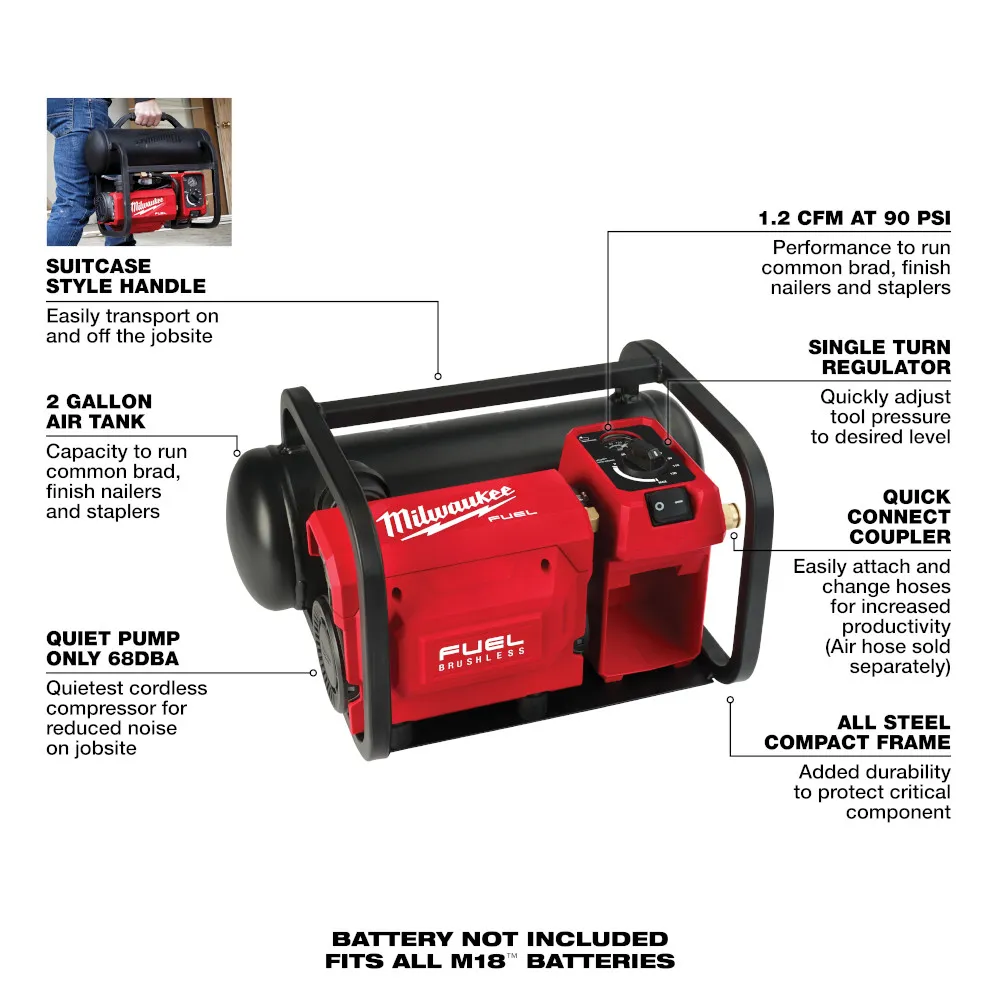 Milwaukee M18 Fuel 2 Gallon Compact Quiet Compressor