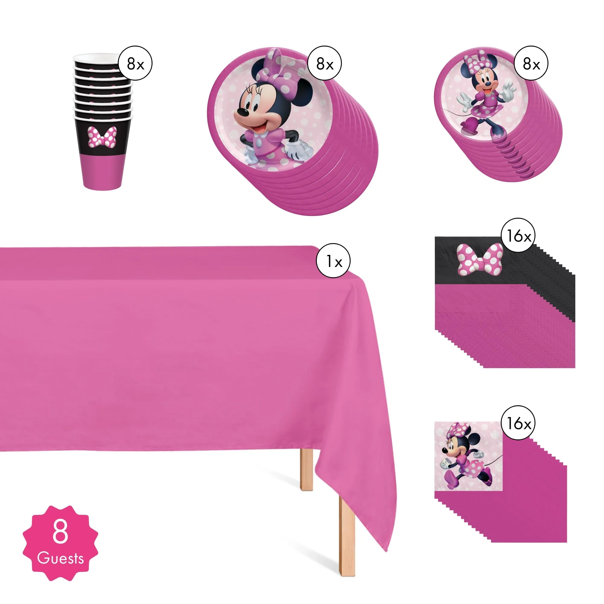 Minnie Mouse Basic Tableware Birthday Party Supplies Kit, 8 Guests