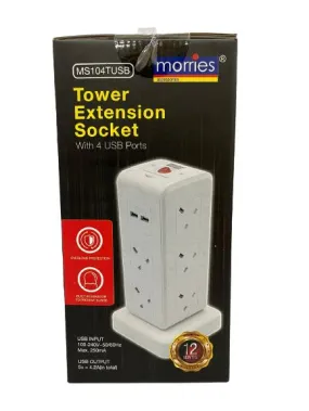 Morris Ms104 10-Way Tower Extn Socket   4 Usb Port With Safety Mark | Model : ESK-MS104