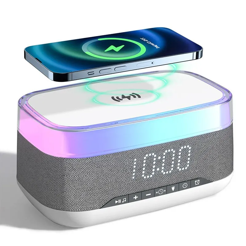 Multifunctional Intelligent Alarm Clock Bluetooth Speaker Wireless Charger Fast Charge Clock Atmosphere Night Light Home Decor