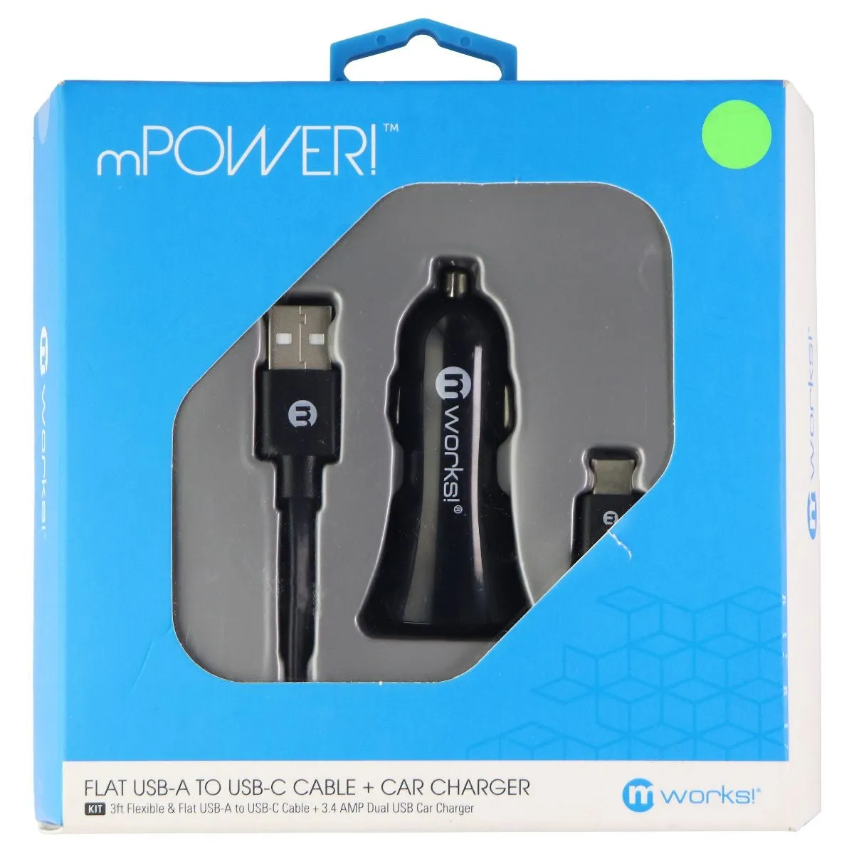 mWorks! mPOWER! (3-Foot) USB-C to USB Cable   Dual USB Car Charger - Black