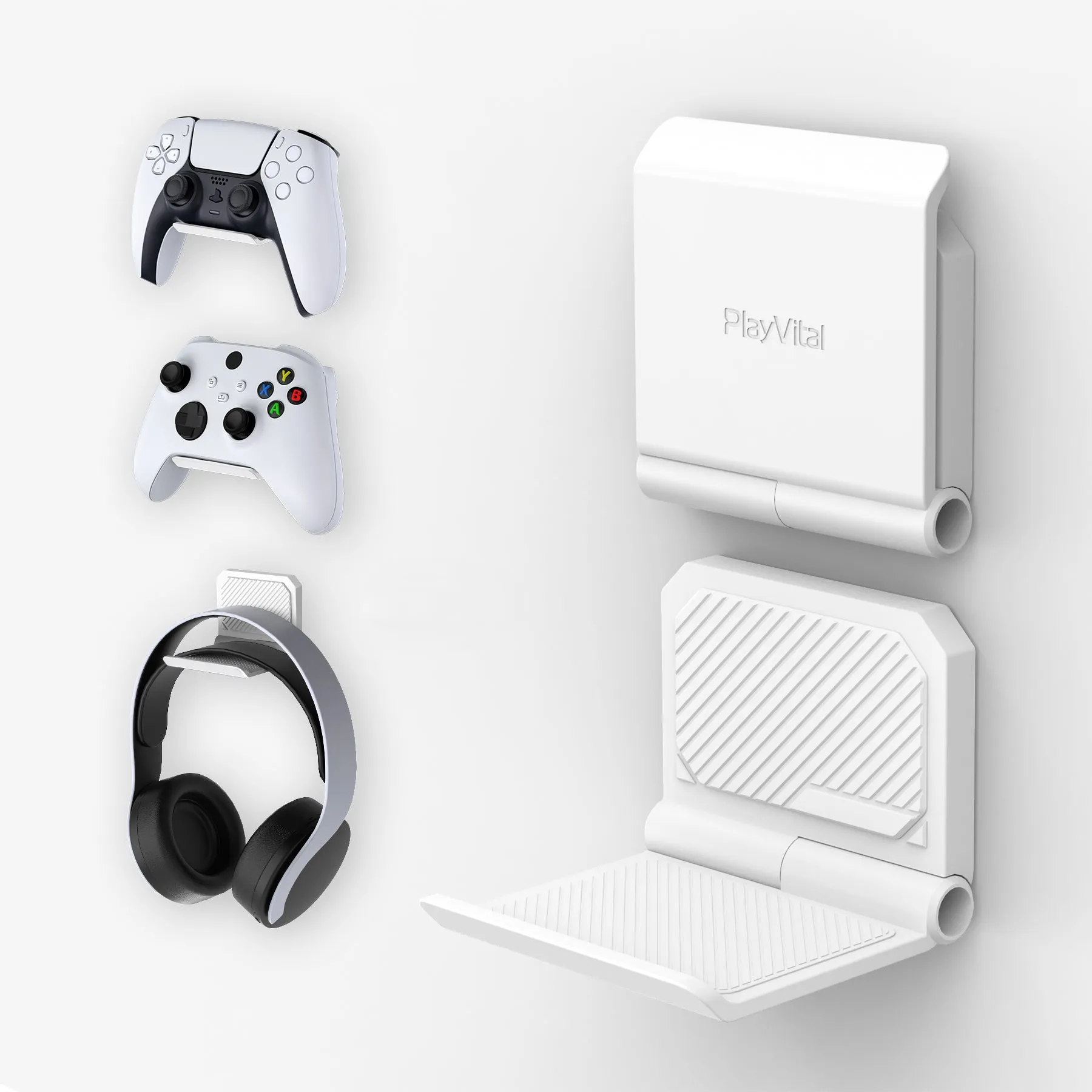 PlayVital 2 Set FOLD Controller Wall Mount for ps5/4, Foldable Wall Stand for Xbox Series X/S, Switch Pro, Gaming Headset Stand, Wall Holder for Xbox Wireless Headset, for Pulse 3D Headset - White - DMYPFM003