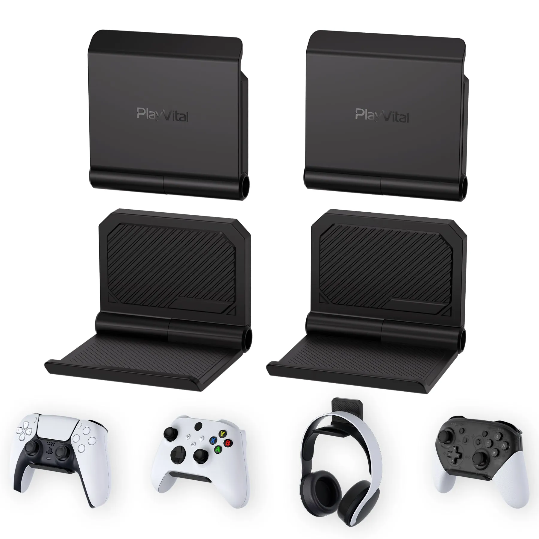 PlayVital 4 Set FOLD Controller Wall Mount for ps5/4, Gaming  Headset Stand,  Foldable Wall Stand for Xbox Series X/S, Switch  Pro, Wall  Holder for Xbox Wireless  Headset, for  Pulse  3D Headset - Black - DMYPFM002