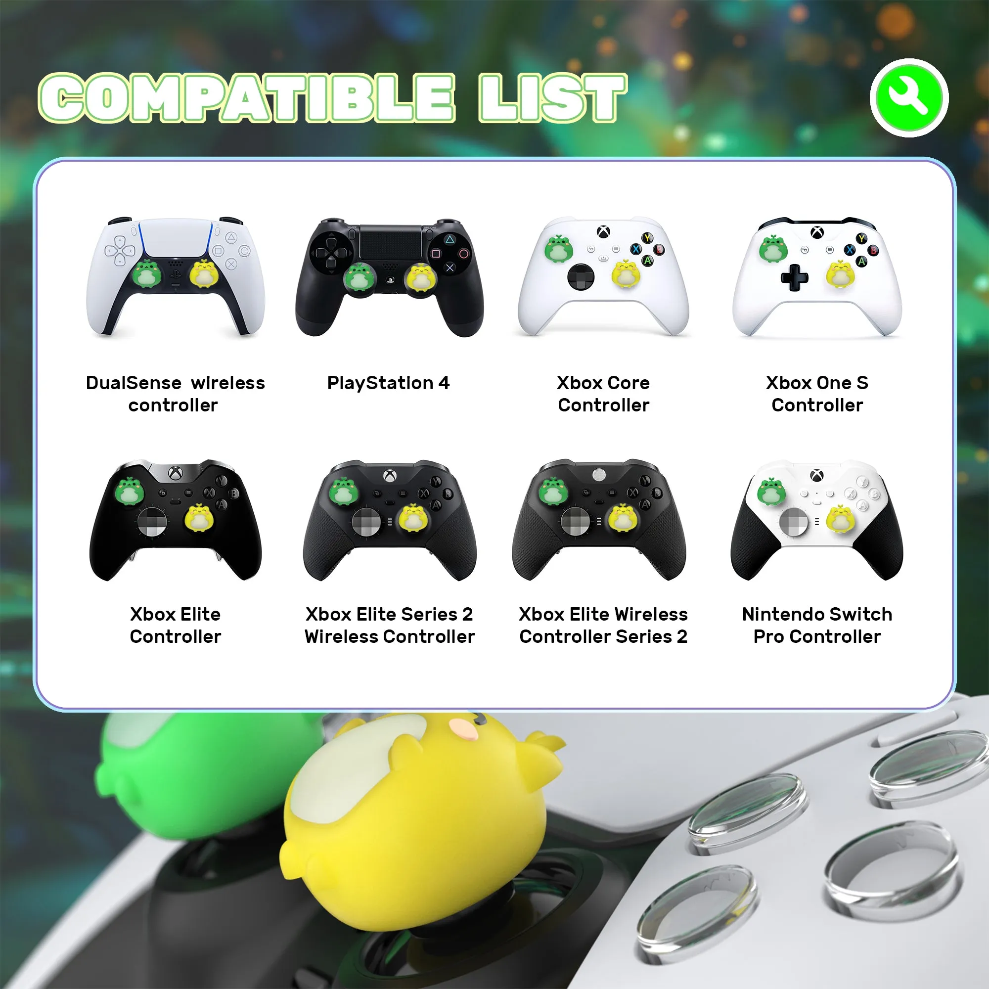 PlayVital Cute Universal Illuminated LED Thumbstick Grips for ps5 & ps4 & Xbox Series X/S & Xbox One & Switch Pro Controller - Frog Green & Yellow - PJM6001