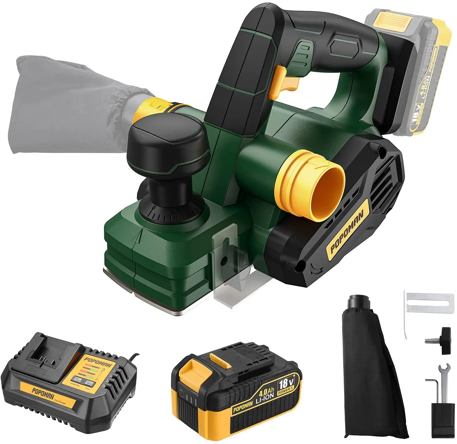 POPOMAN Cordless Planer, 12000RPM No-Load Speed, Dust Bag, 82mm Planing Width and 1.5mm Depth, 4.0Ah 18V Battery, 4.0A Fast Charger - PMPL01D