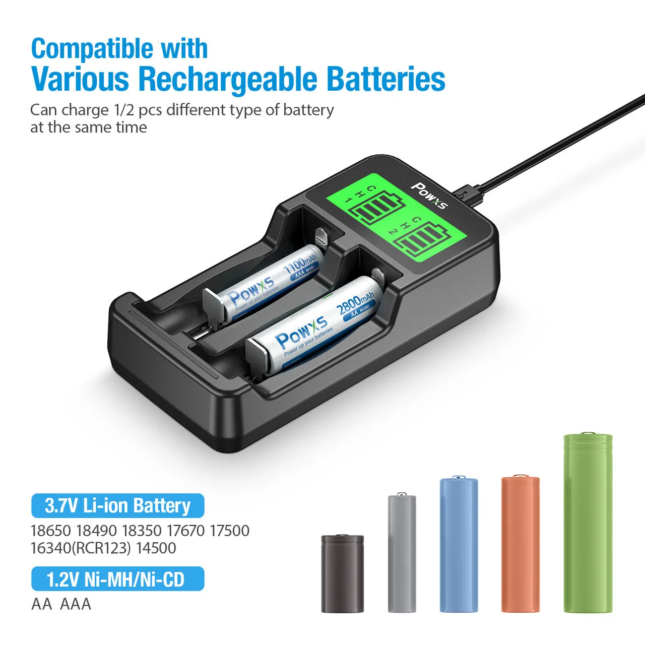 POWXS LCD Universal 18650 Battery Charger