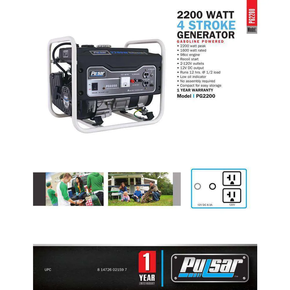 Pulsar PG2200 2200W/1600W Portable Gas Generator New