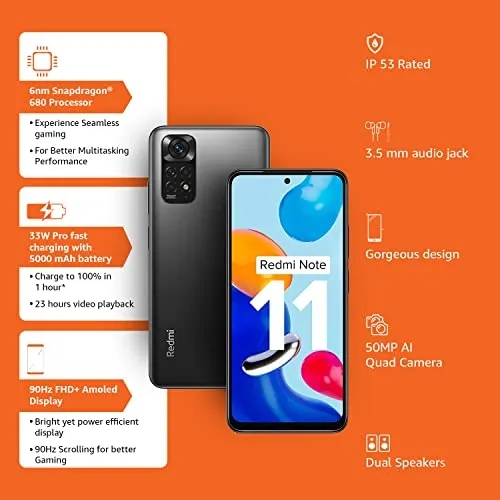 Redmi Note 11 (Space Black, 4GB RAM, 64GB Storage)|90Hz FHD  AMOLED Display | Qualcomm® Snapdragon™ 680-6nm | 33W Charger Included