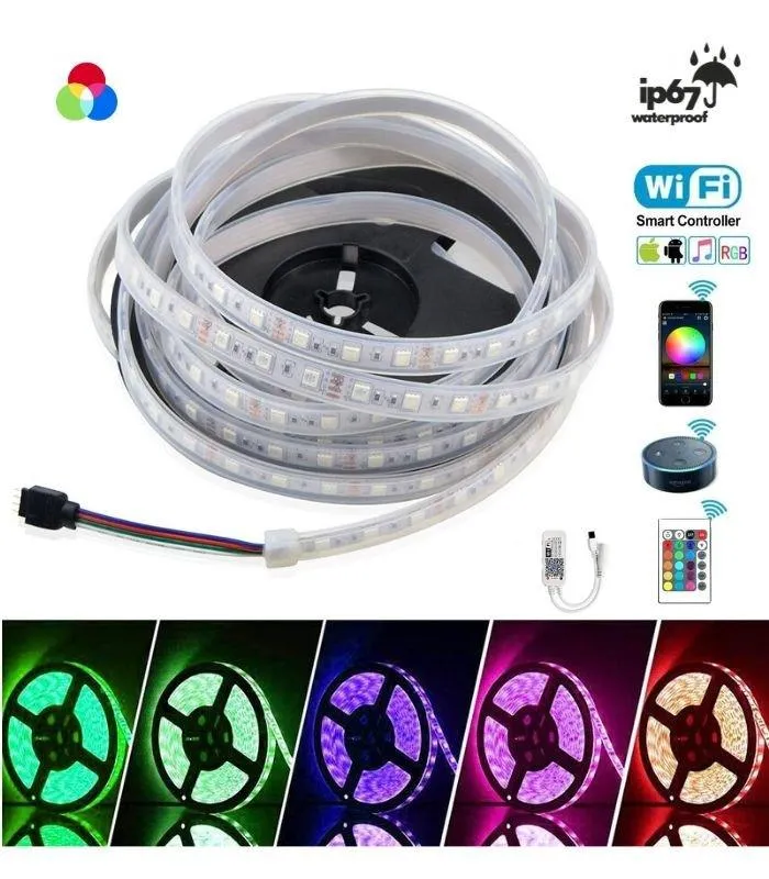 RGB LED Strip 5050 12V WiFi Control RGB LED Strip IP67 Waterproof 300LEDs 5m Full Kit Compatible with Alexa and Google Home