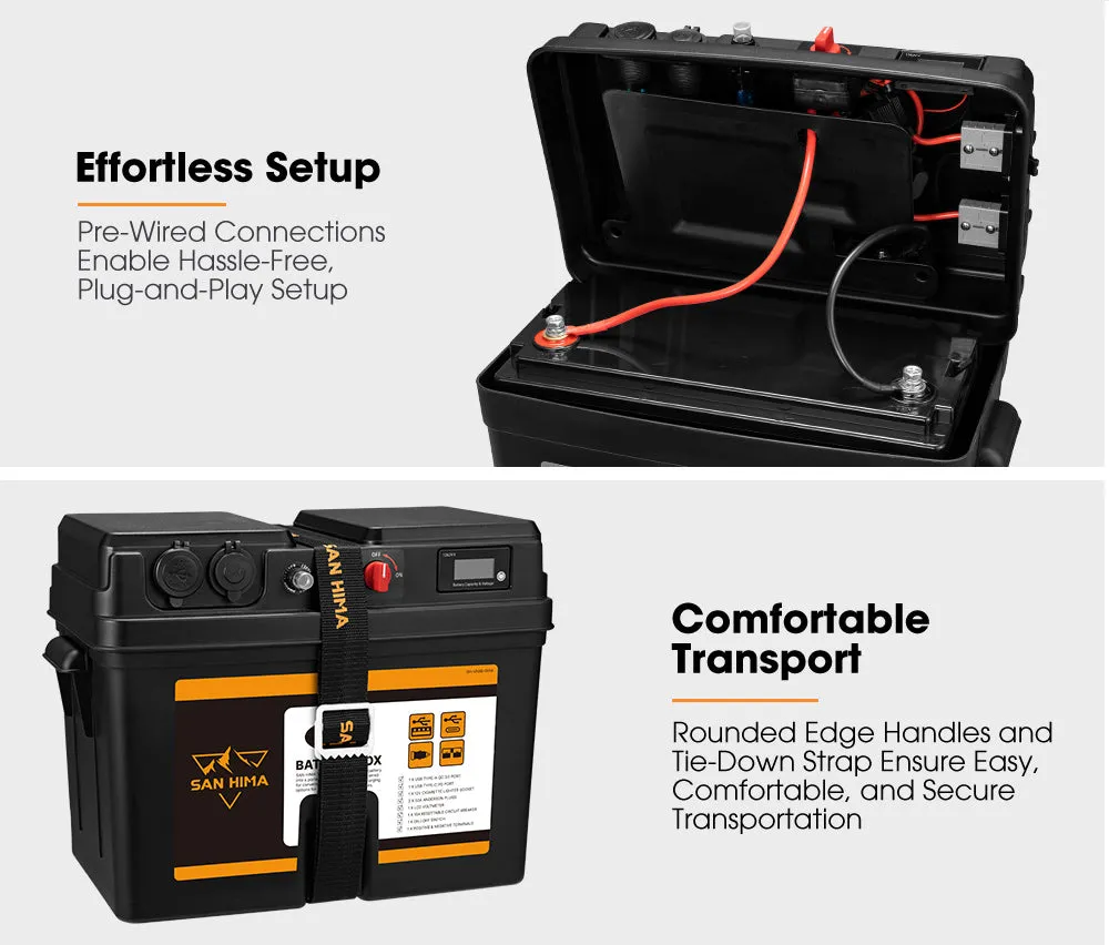 San Hima Battery Box Portable 12V 2x USB & Cig Socket Deep Cycle AGM Universal