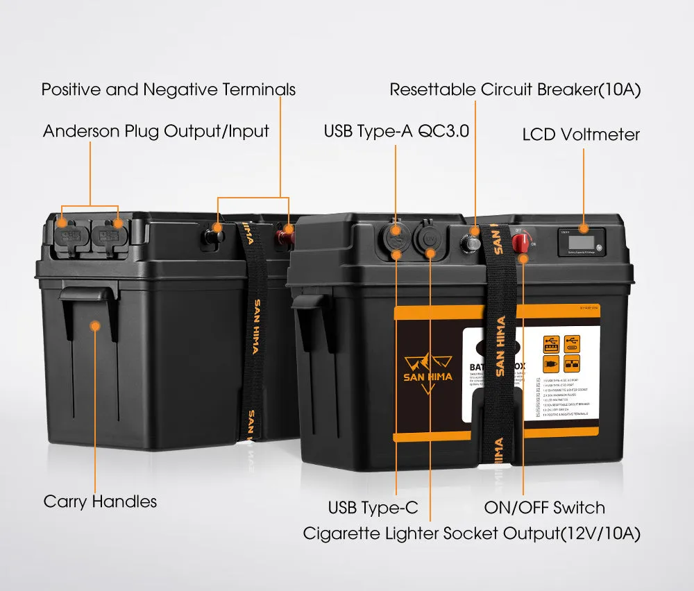 San Hima Battery Box Portable 12V 2x USB & Cig Socket Deep Cycle AGM Universal