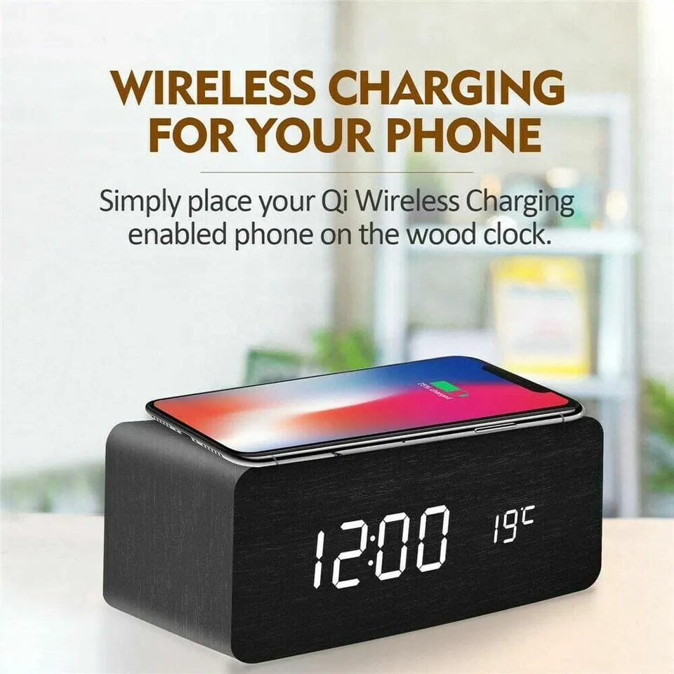 SMAXPro™ Wood Digital LED Alarm Clock   Qi Wireless Charger: Thermometer, Bamboo Decor