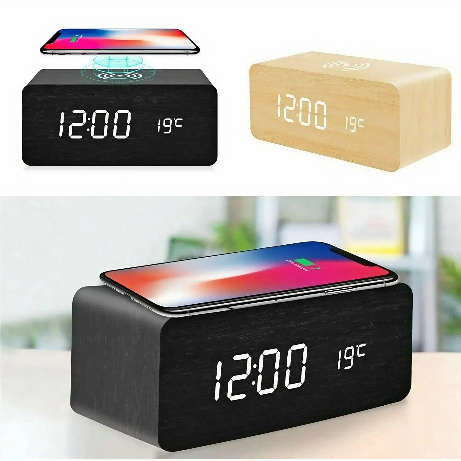 SMAXPro™ Wood Digital LED Alarm Clock   Qi Wireless Charger: Thermometer, Bamboo Decor