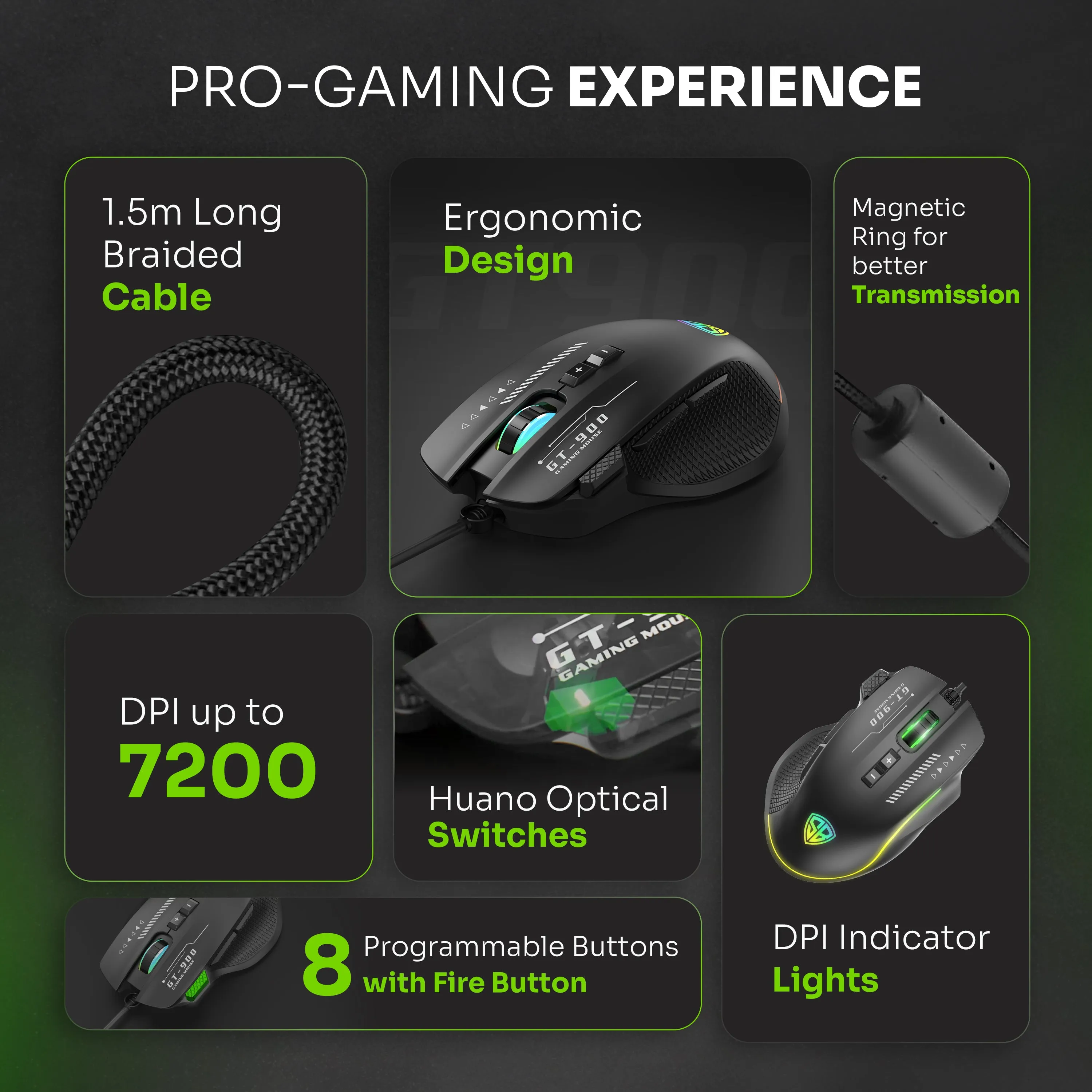 SpinBot Clutch GT900 with 7200 DPI Gaming Sensor |8 Programmable Buttons | RGB Wired Optical Gaming Mouse (Black)