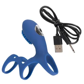 Stretchy Silicone Blue Rechargeable Penis Sleeve with Clit Stim