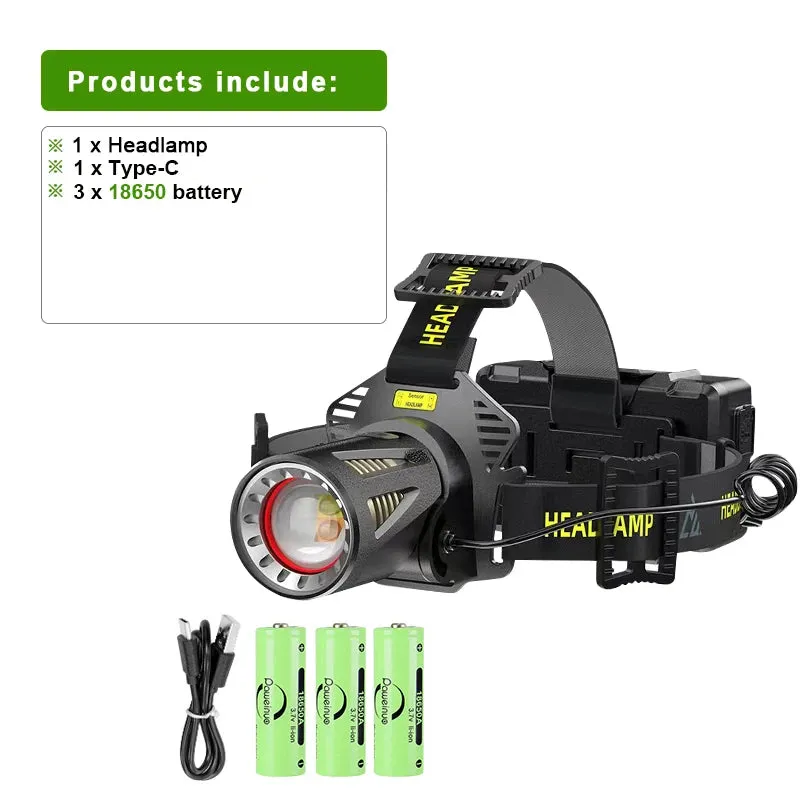 Super XHP100 Powerful LED Headlamp High Power Head Lantern Flashlight USB Rechargeable Headlight Yellow Light Head Lamps Camping