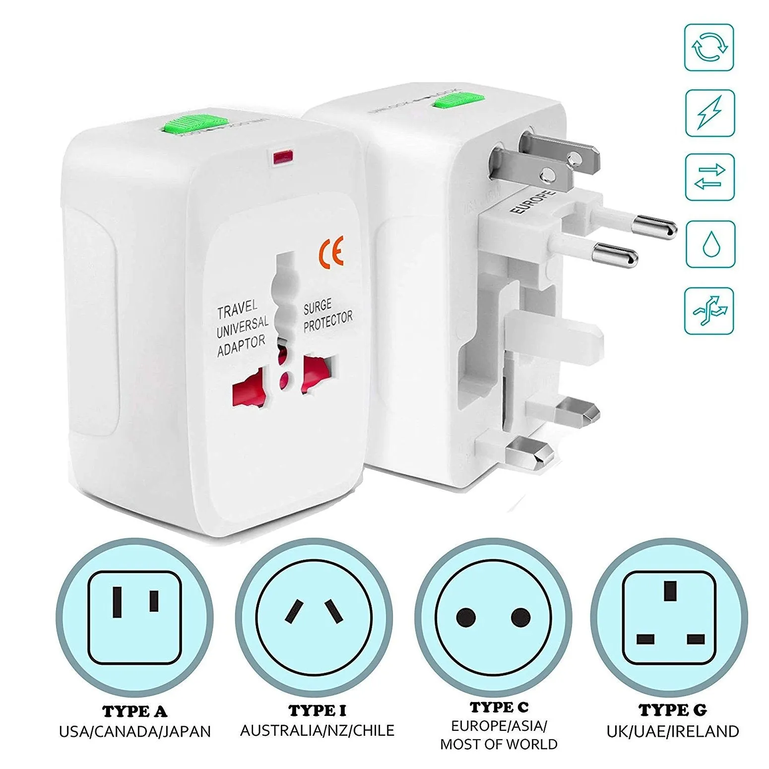 Universal International Worldwide Travel Adapter AC Power Plug Adapter for USA/UK/AUS/EU with Surge Protected for More Than 150 Countries