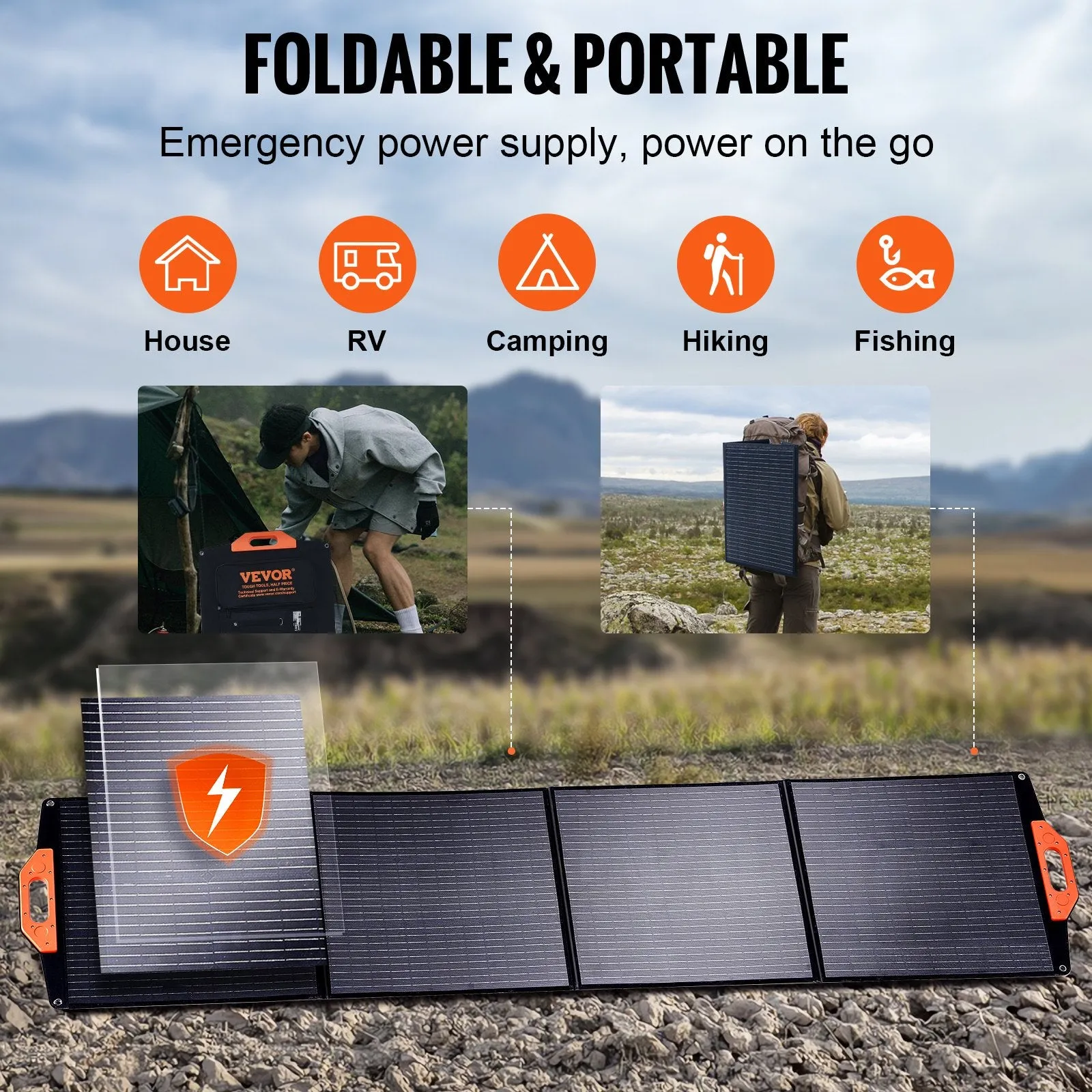 Vevor Portable Solar Panel 200W Monocrystalline Foldable ETFE Solar Charger Kit New