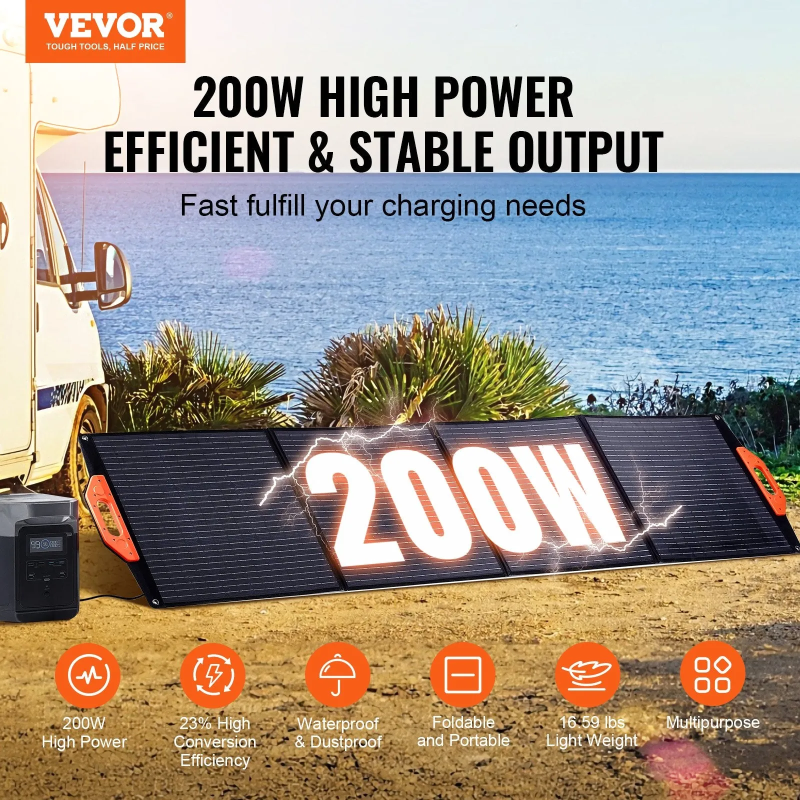 Vevor Portable Solar Panel 200W Monocrystalline Foldable ETFE Solar Charger Kit New