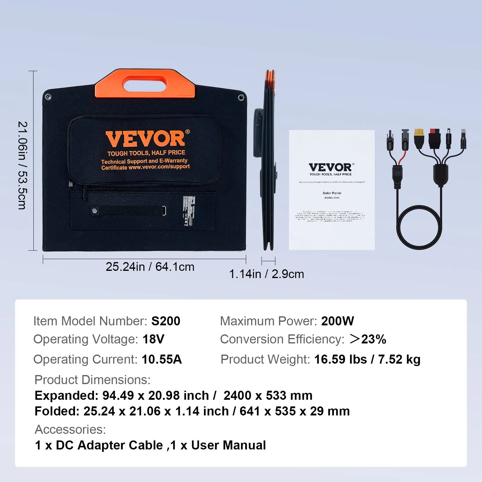 Vevor Portable Solar Panel 200W Monocrystalline Foldable ETFE Solar Charger Kit New