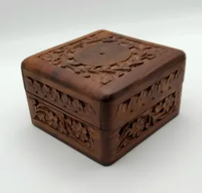 Vintage Hand Carved Wood and Brass Jewelry Box