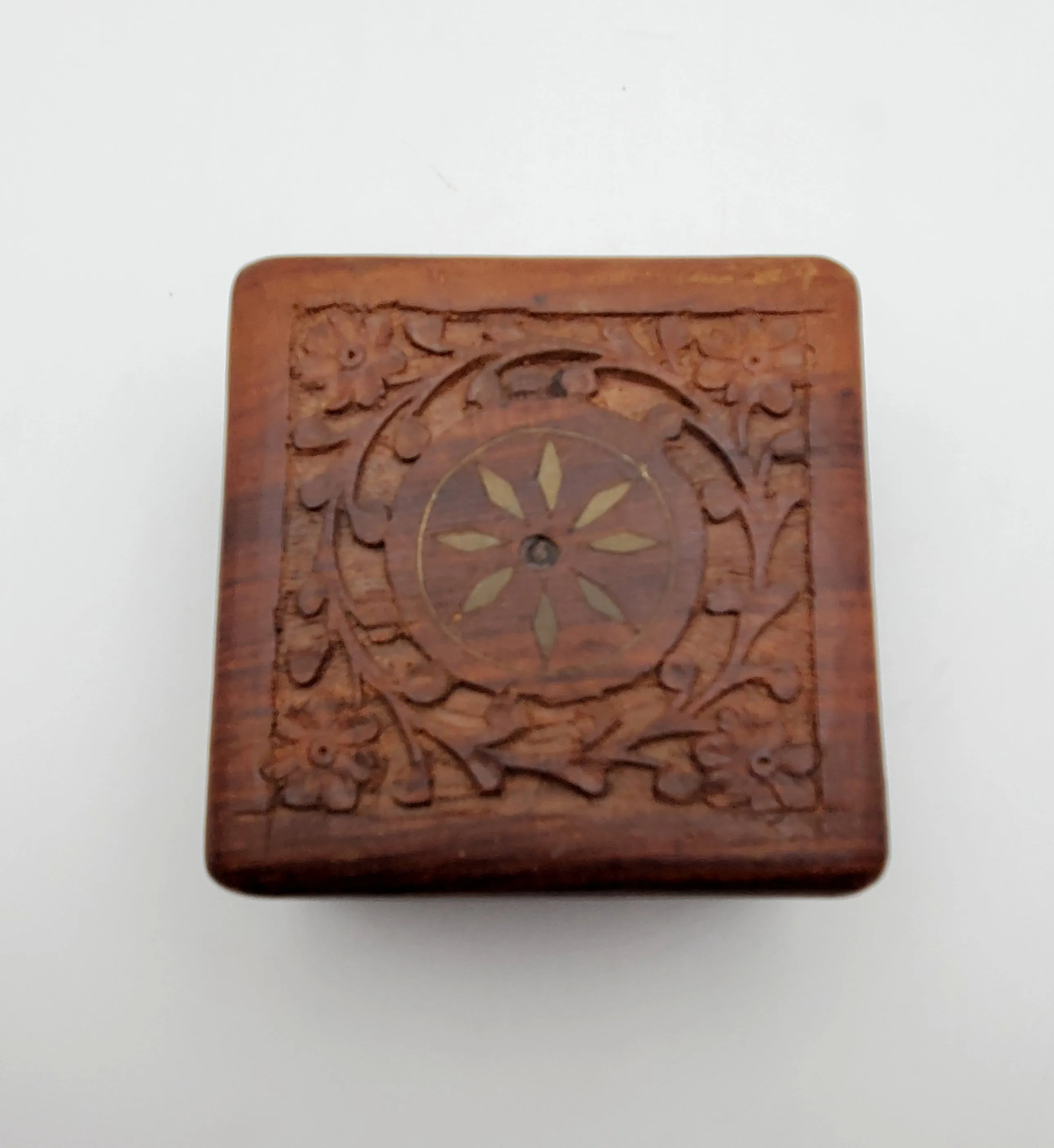 Vintage Hand Carved Wood and Brass Jewelry Box