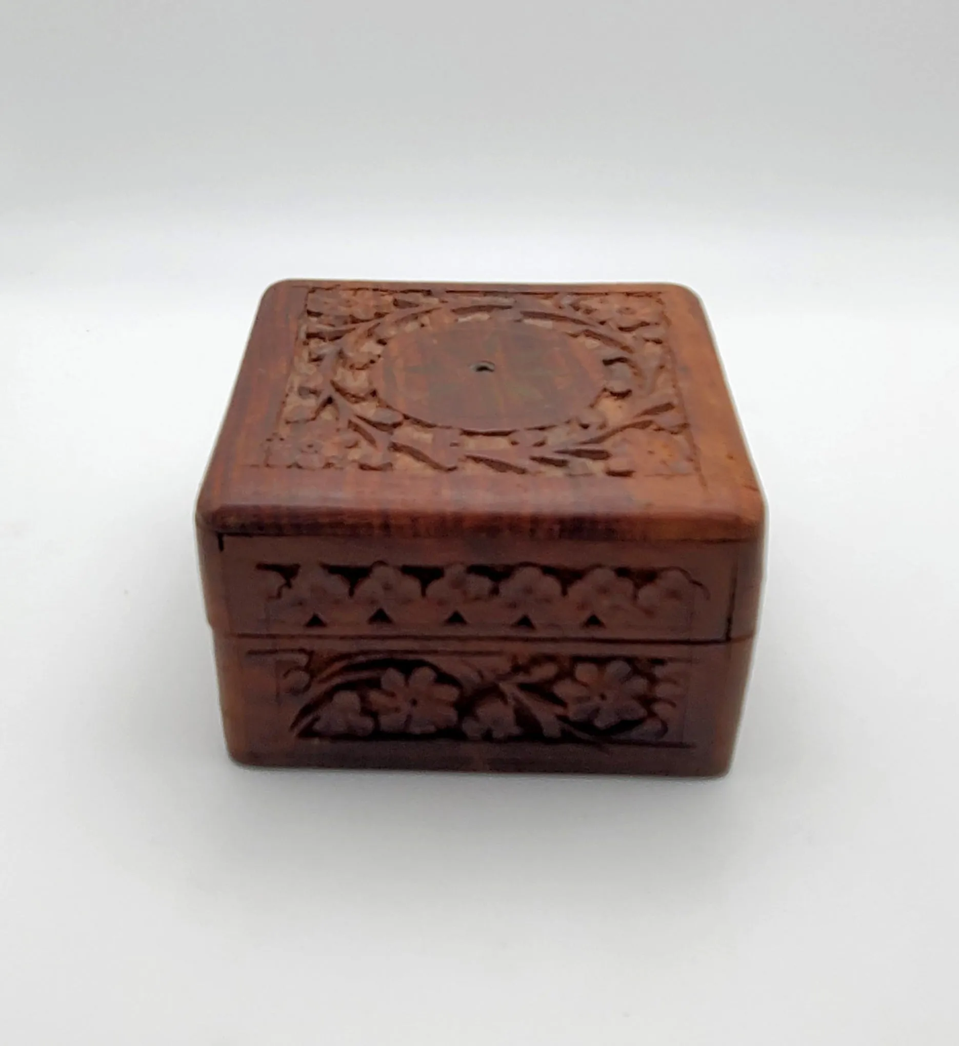 Vintage Hand Carved Wood and Brass Jewelry Box