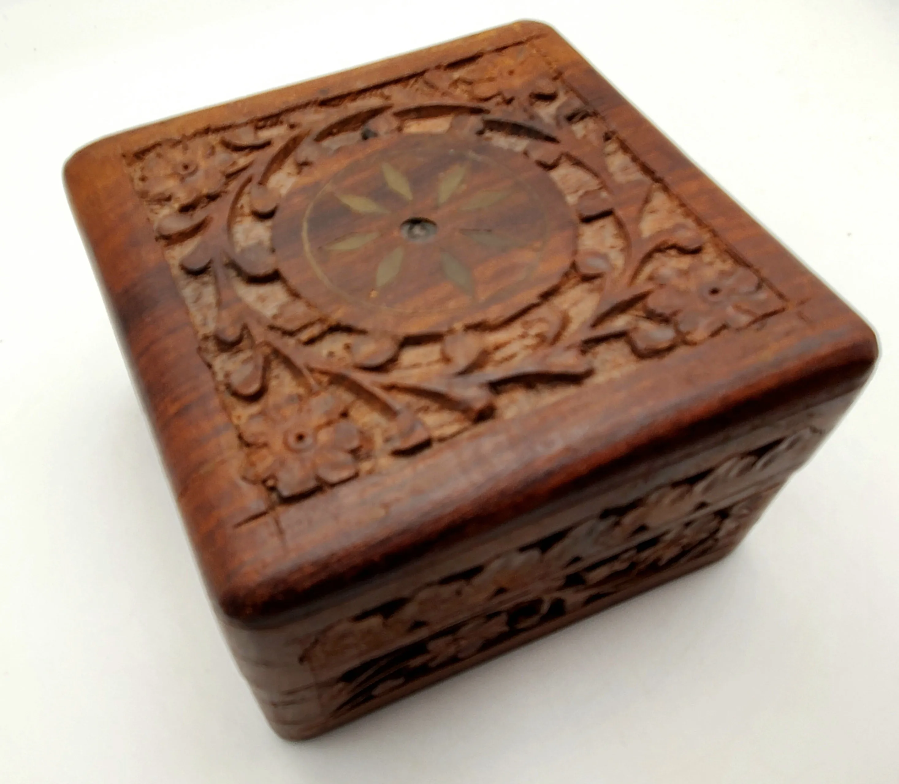 Vintage Hand Carved Wood and Brass Jewelry Box