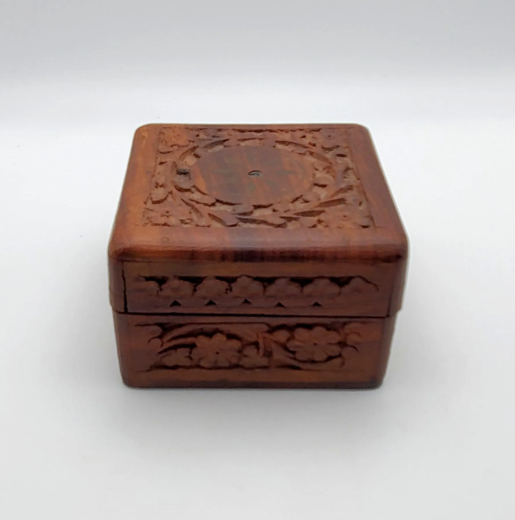 Vintage Hand Carved Wood and Brass Jewelry Box