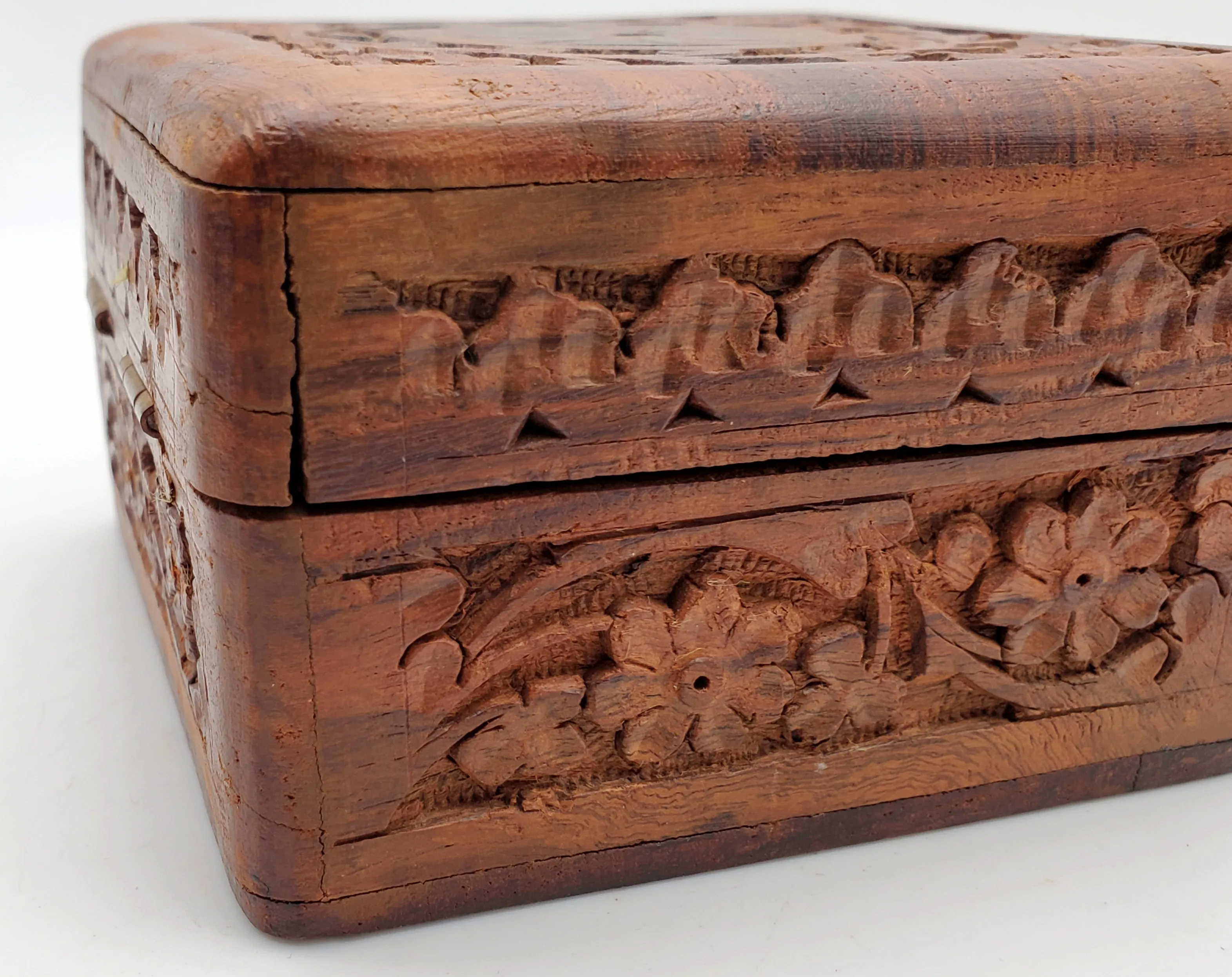 Vintage Hand Carved Wood and Brass Jewelry Box